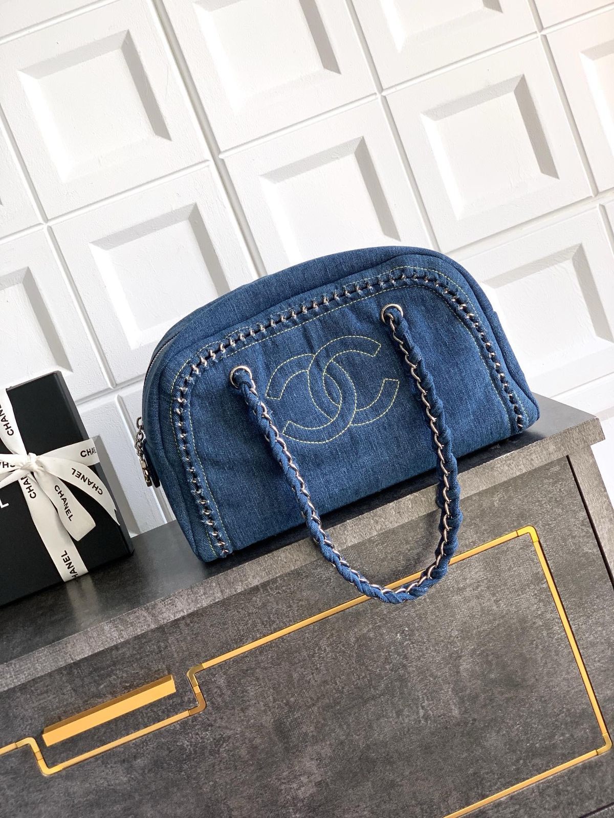 Chanel navy blue denim medium