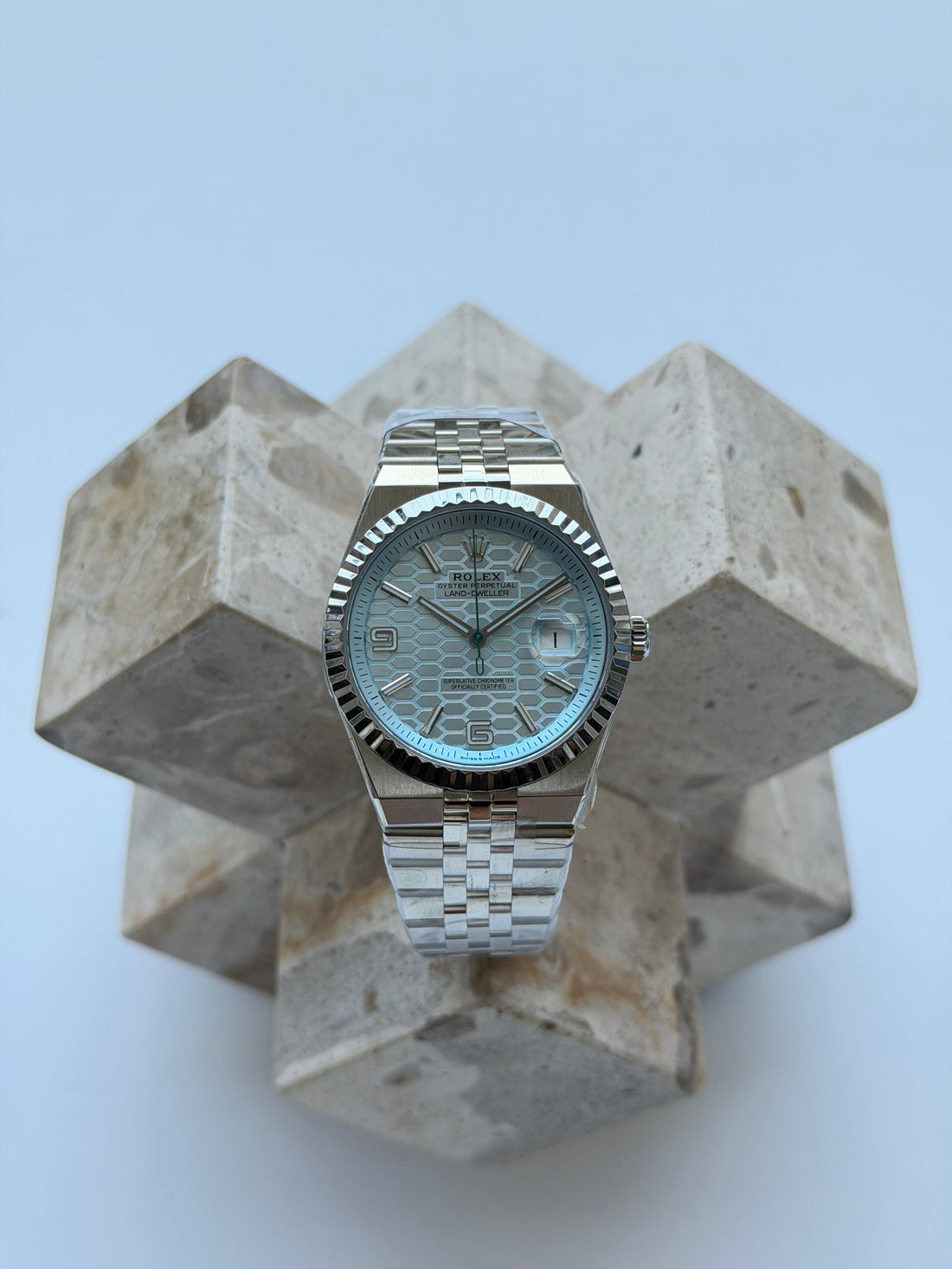 Rolex Land Dweller 40 ice blue honey comb motif