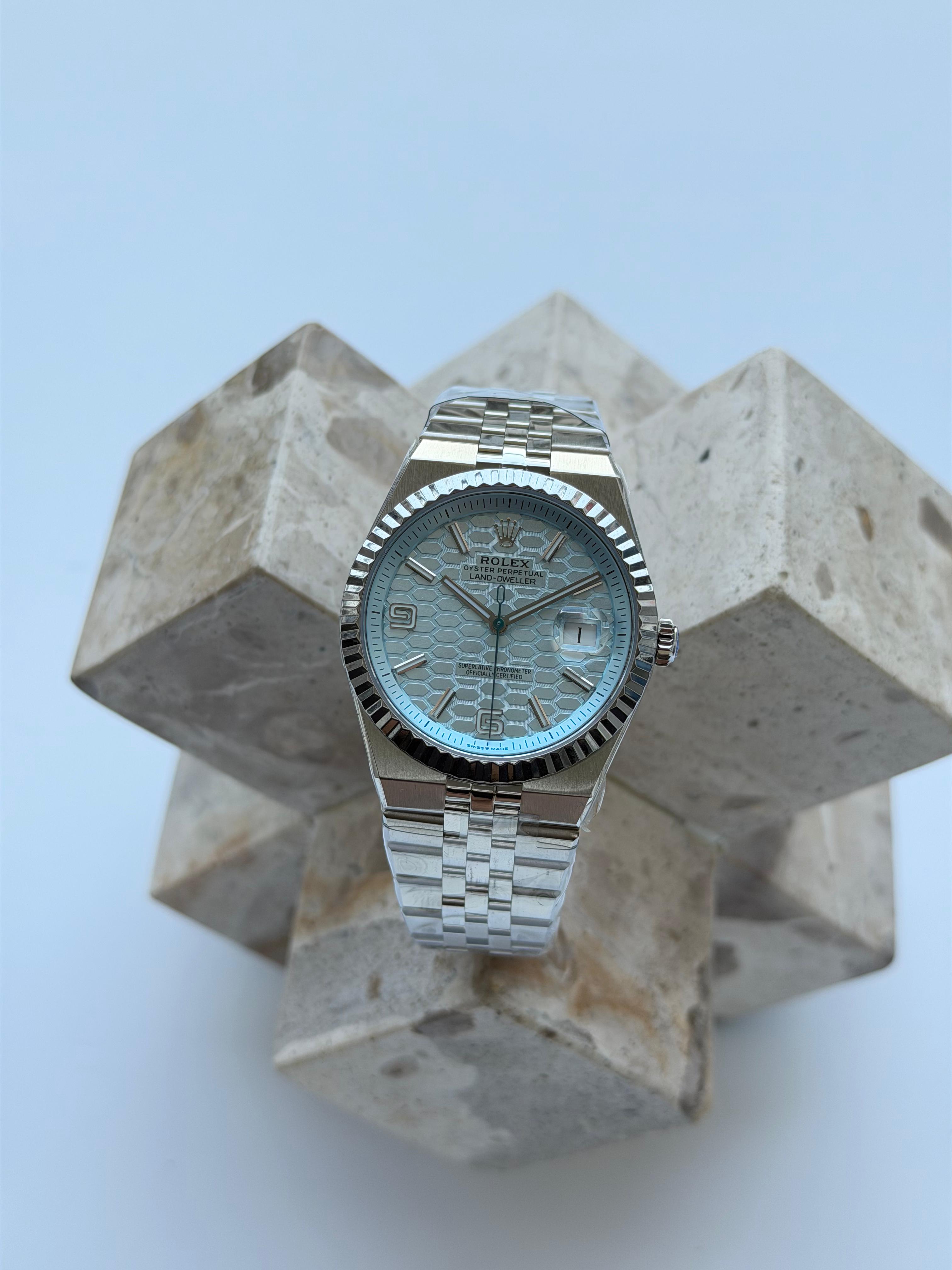 Rolex Land Dweller 40 ice blue honey comb motif