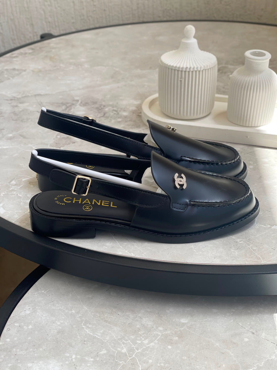 Chanel Crystal CC Logo Slingback Loafers