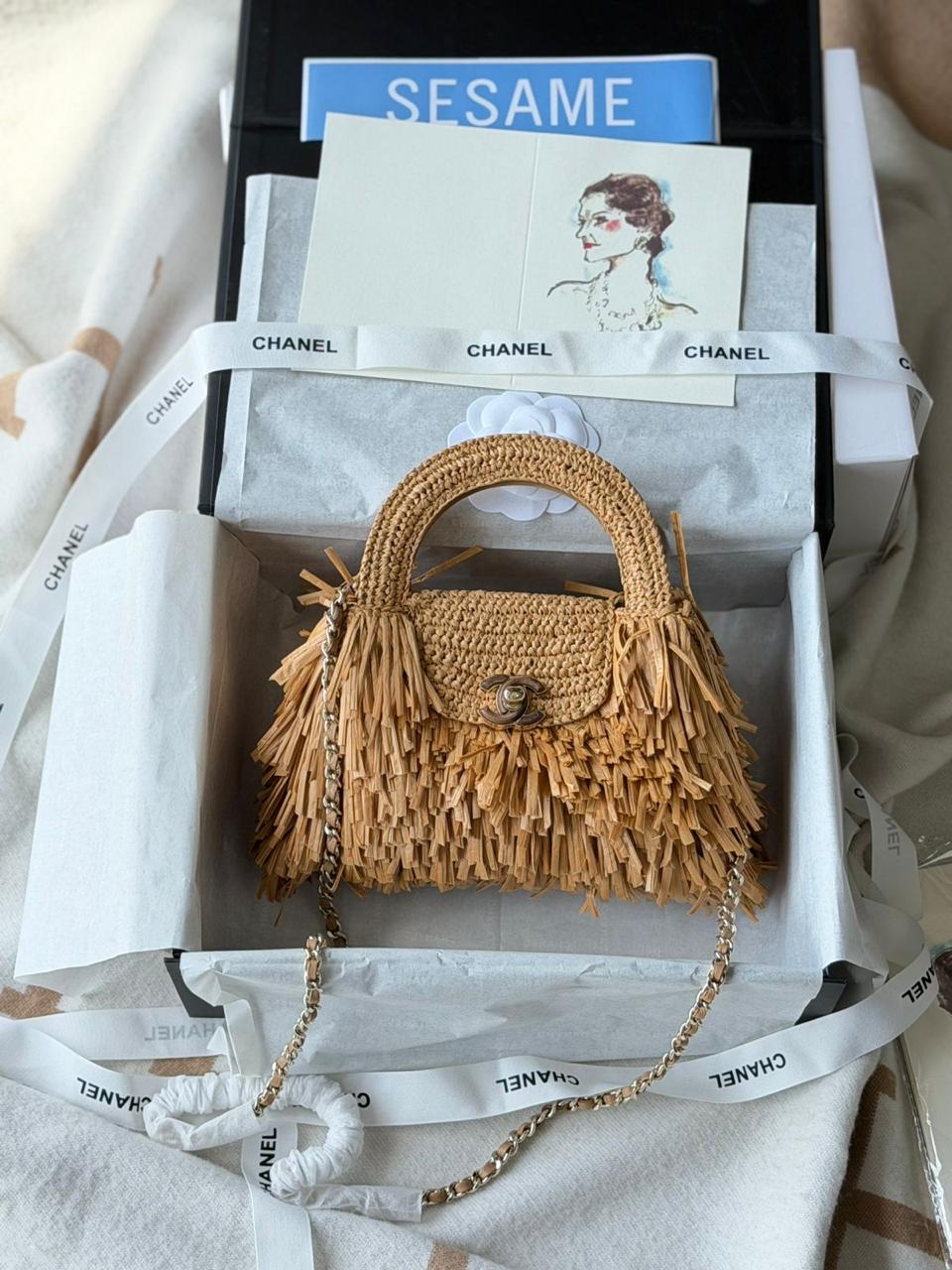 Chanel Raffia Fringe Nano Kelly 19cm